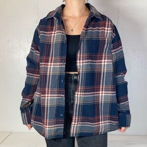 Eddie Bauer Navy + Red + Gray Plaid Flannel Long Sleeve Button Down Shirt